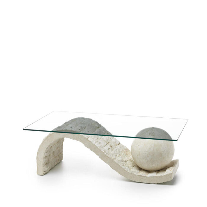 Tavolino in pietra fossile con top in vetro STONES Onda