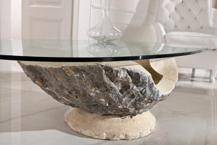 Tavolino in pietra fossile con top in vetro STONES Venere