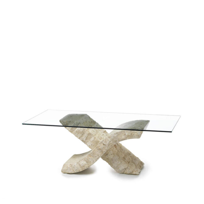 Tavolino in pietra fossile con top in vetro STONES Xenon