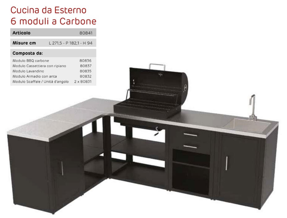 Cucina da esterno con struttura in metallo anticorrosione 6 moduli con BBQ a carbone Cucina da esterno con struttura in metallo anticorrosione 6 moduli con BBQ a carbone - immagine 2