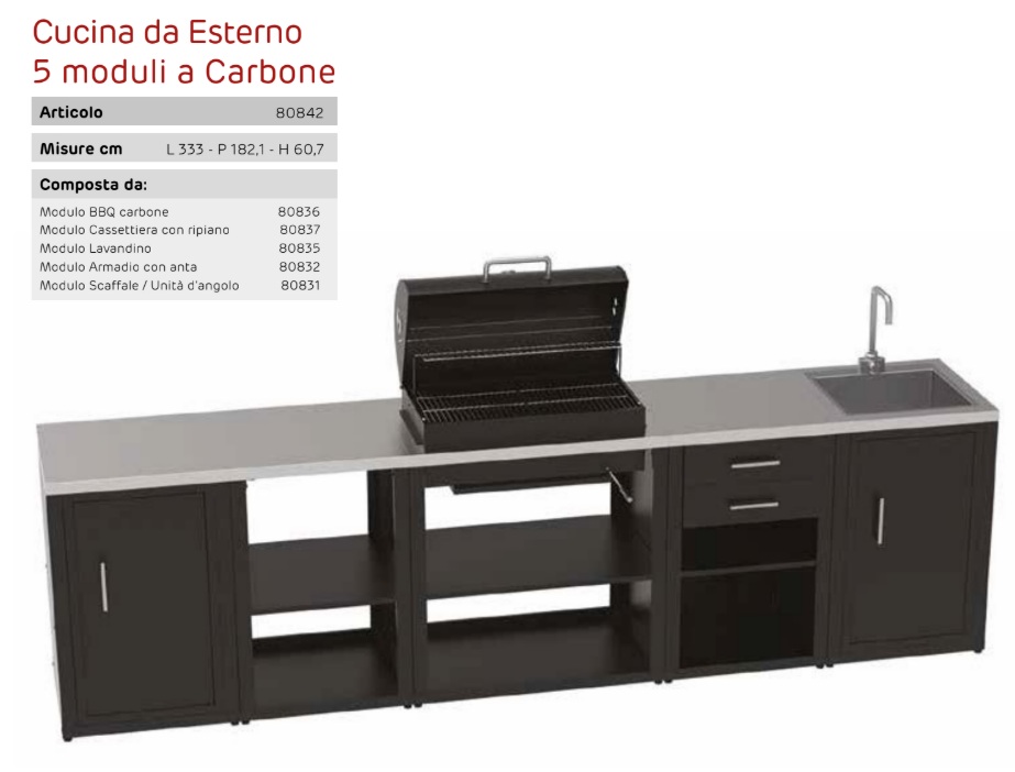 Cucina da esterno con struttura in metallo anticorrosione 5 moduli con BBQ a carbone Cucina da esterno con struttura in metallo anticorrosione 5 moduli con BBQ a carbone - immagine 2