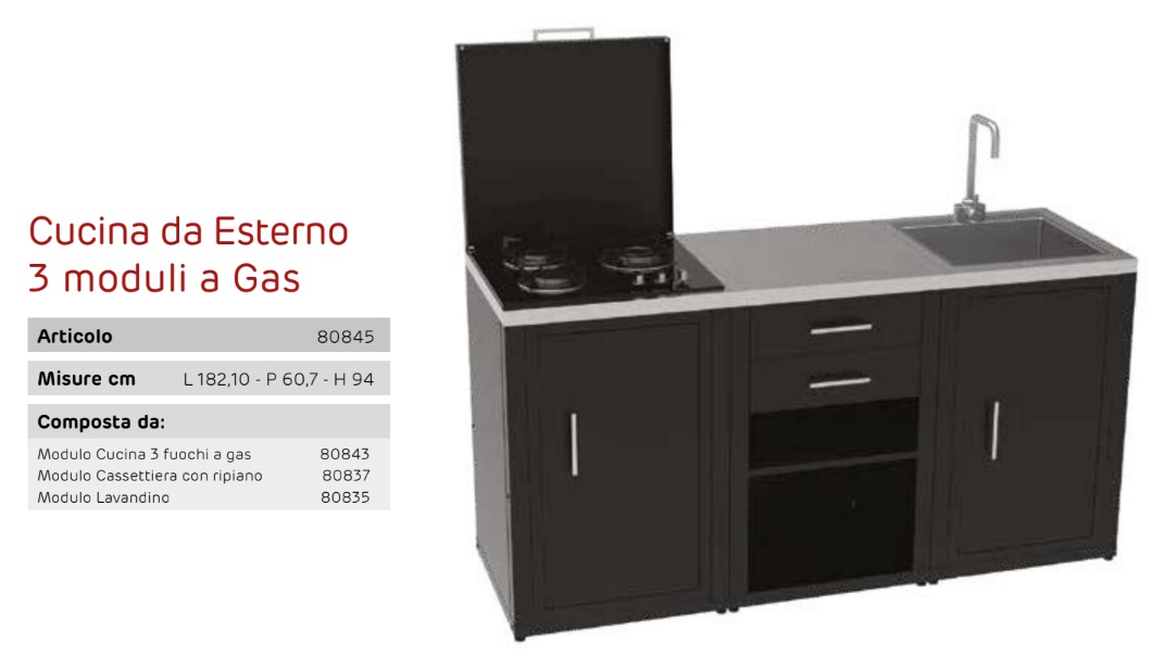 Cucina da esterno con struttura in metallo anticorrosione 3 moduli con piano cottura 3 fuochi a gas Cucina da esterno con struttura in metallo anticorrosione 3 moduli con piano cottura 3 fuochi a gas - immagine 2
